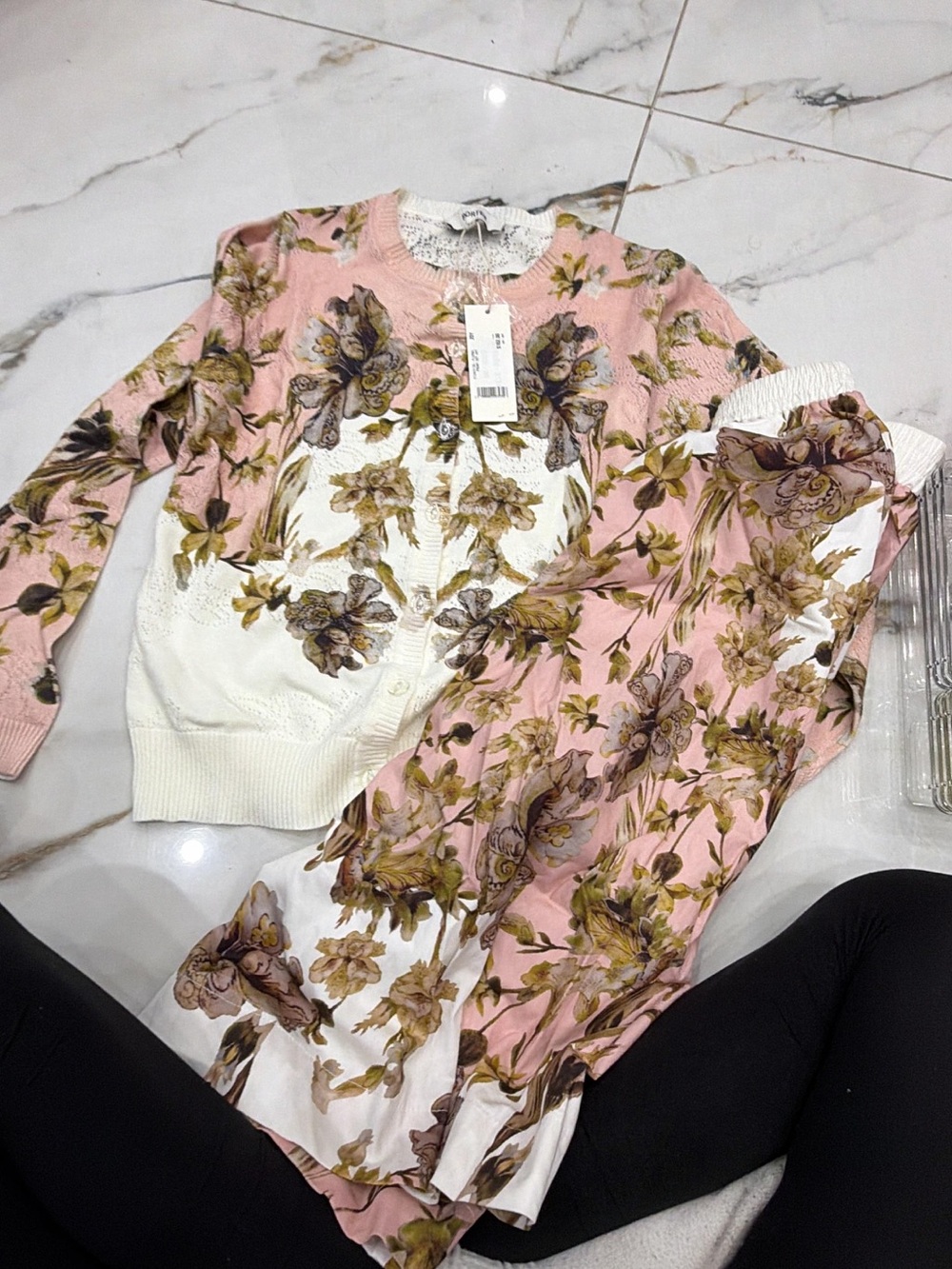 Floral Pink & Cream Knit Set (skirt and knit top) - Women